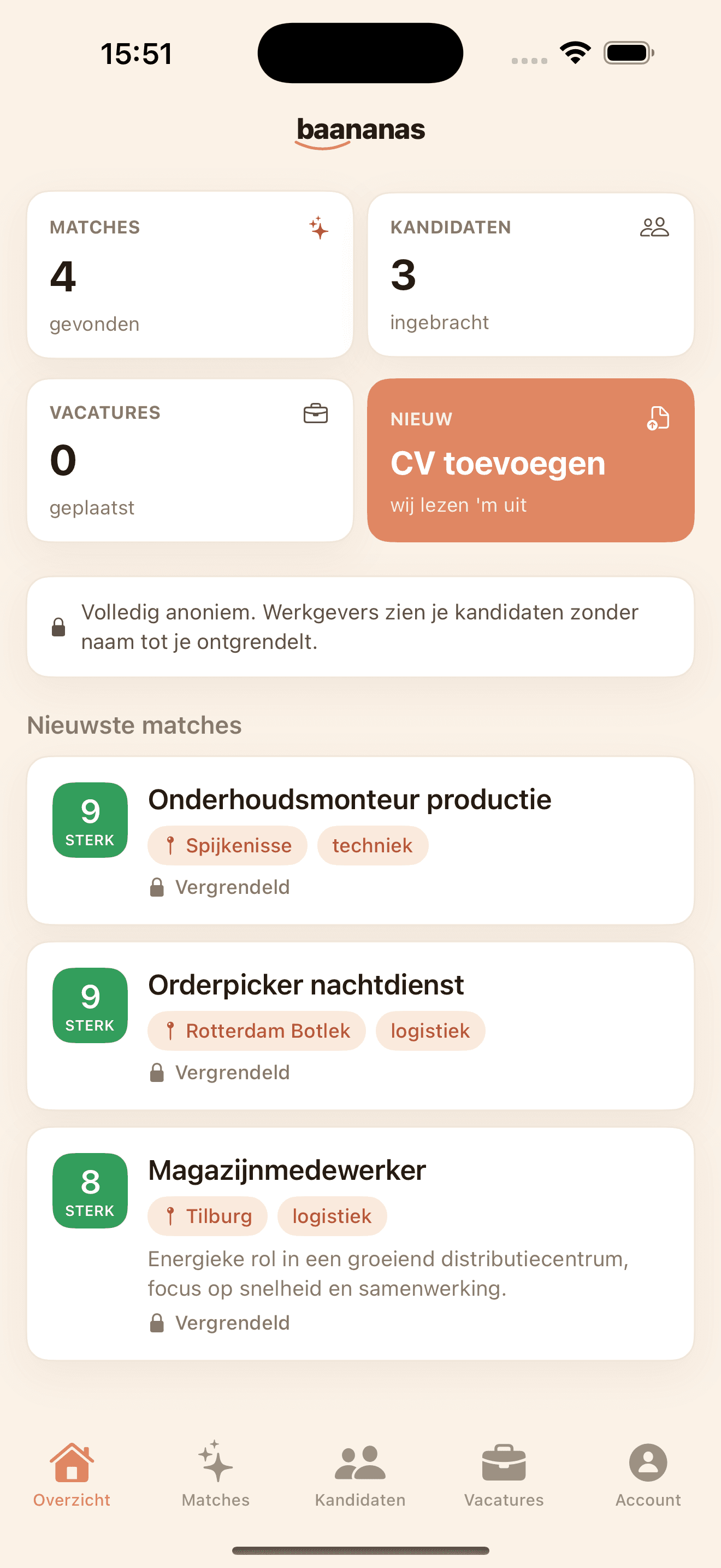 Dashboard van de baananas-app: matches, kandidaten en vacatures