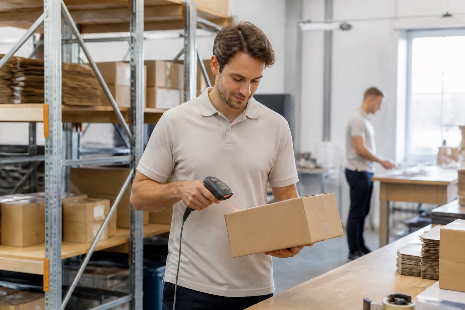 Magazijnmedewerker scant een doos tussen de stellingen