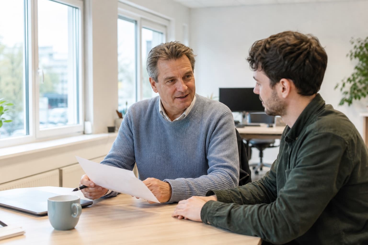 Twee collega's aan een bureau nemen samen een papier door