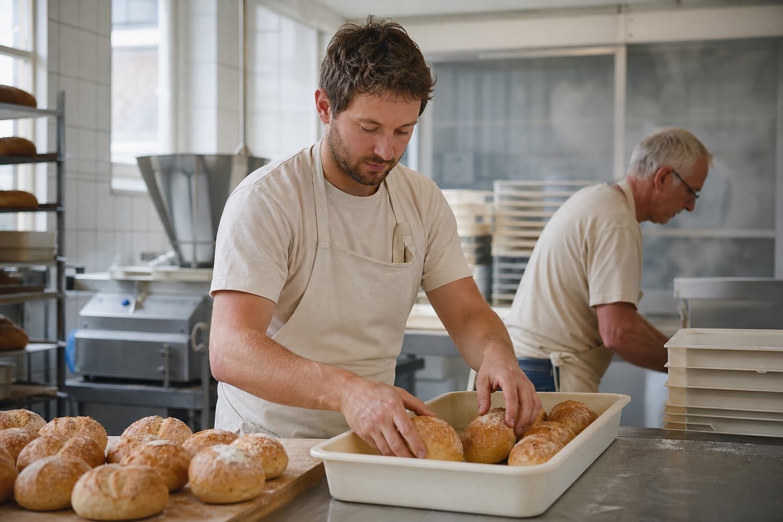 Bakker legt afgebakken broodjes in een bak